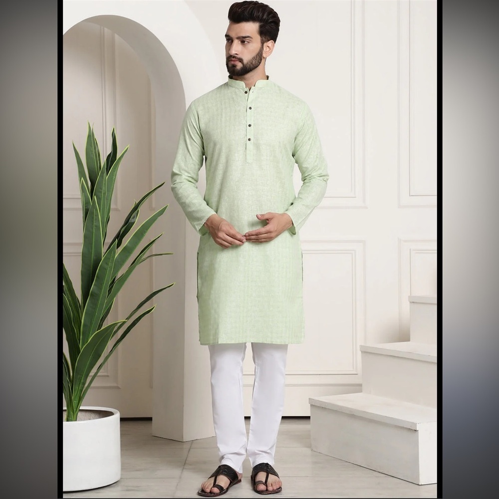 🆕 MEN'S COTTON BLEND CHECKED GREEN KURTA & CHURIDAR PYJAMA SET